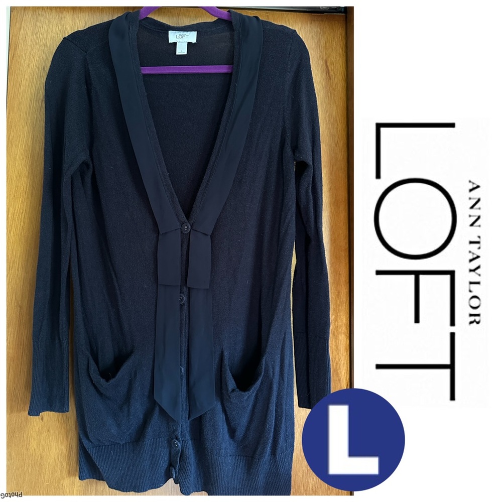 LOFT Deep Navy Blue / Black  Button-Up Cardigan with optional bow tie